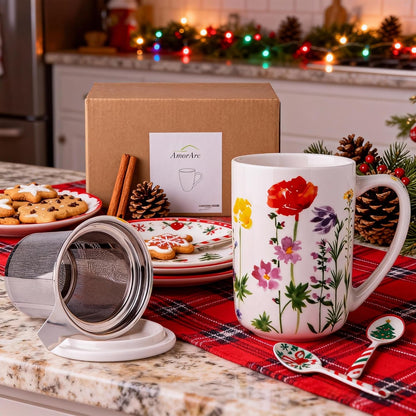 AmorArc Porcelain Tea Mug with Infuser and Lids, 18 Oz Large Cup Strainer with Bag Holder for Loose Leaf Tea, Steeping Coffee Mug for House-warming Wedding Birthday Gift