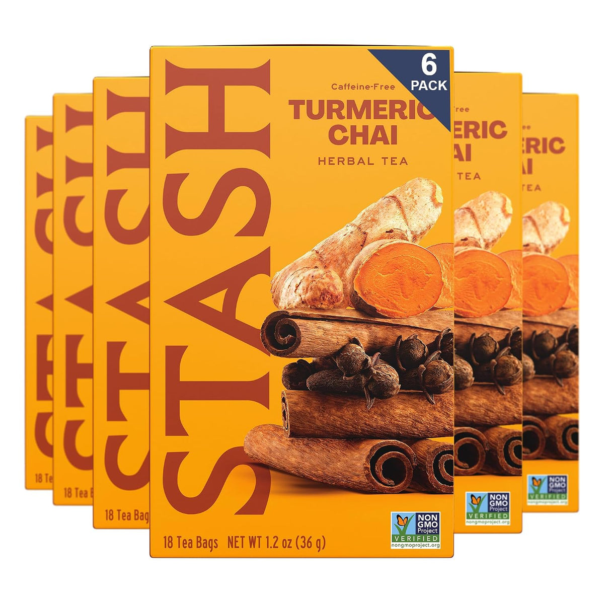 Stash Tea Turmeric Chai Herbal Tea - Naturally Caffeine Free, Non-GMO Project Verified Premium Tea with No Artificial Ingredients, 18 Count (Pack of 6) - 108 Bags Total