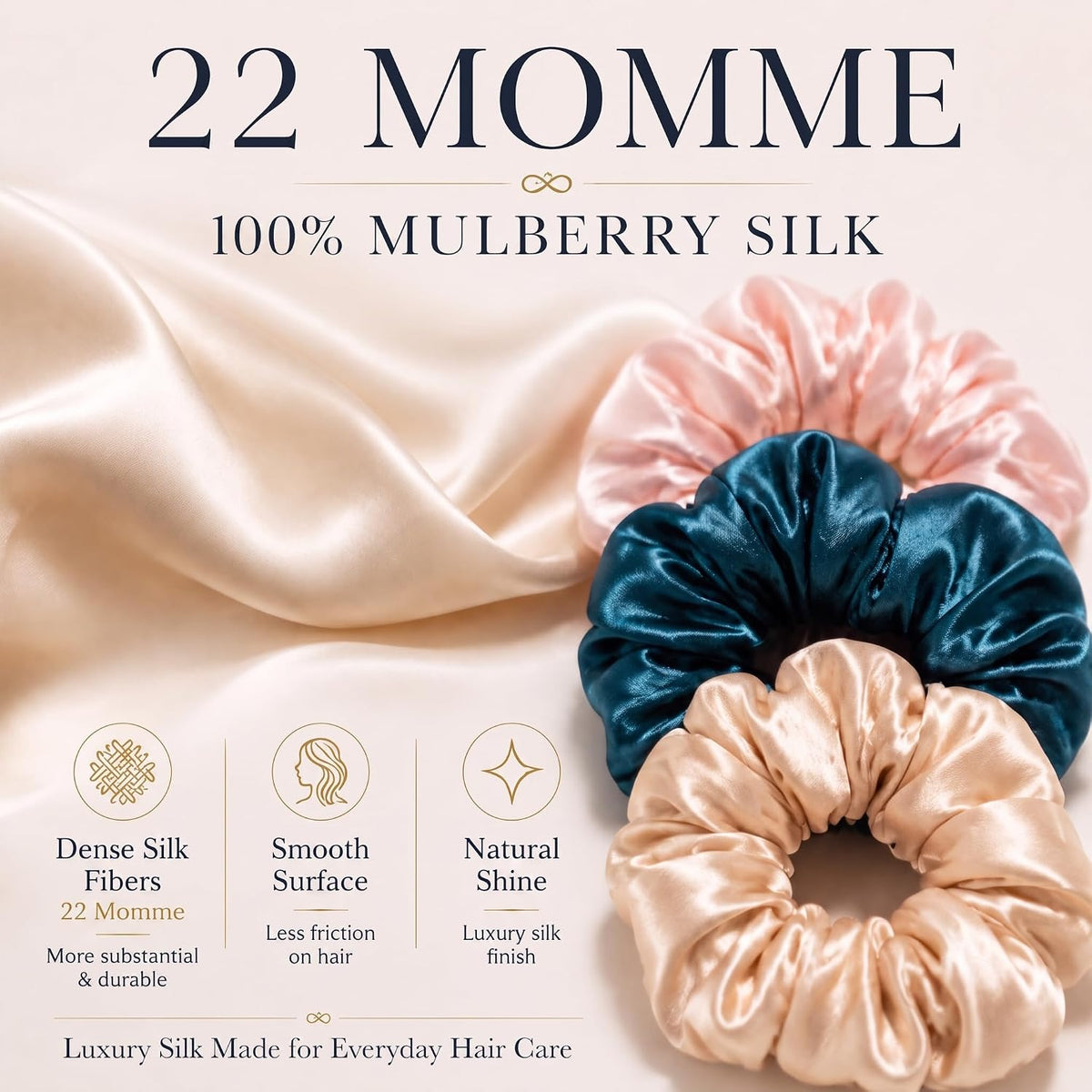 Silk Scrunchies for Hair 100% Mulberry Silk Hair Ties 3 Pack(Black, Navy Blue, Emerald)