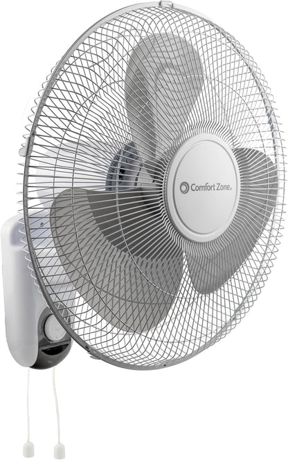 Comfort Zone 16-Inch Fan with Remote Control – Quiet 3-Speed Oscillating Indoor Fan with 90° Wide-Angle Airflow, Timer & Sleep Modes – Space-Saving Wall Fan for Bedroom, Home Gym & Office, White
