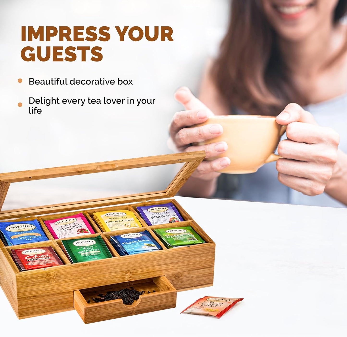 Tea Bag Organizer with Drawer - Bamboo Tea Box Organizer, 8-Compartment Tea Storage Box with Acrylic Lid and Magnetic Closure, Tea Box for Kitchen Counter, Gifts for Mom, Wife, Tea Lovers (White)