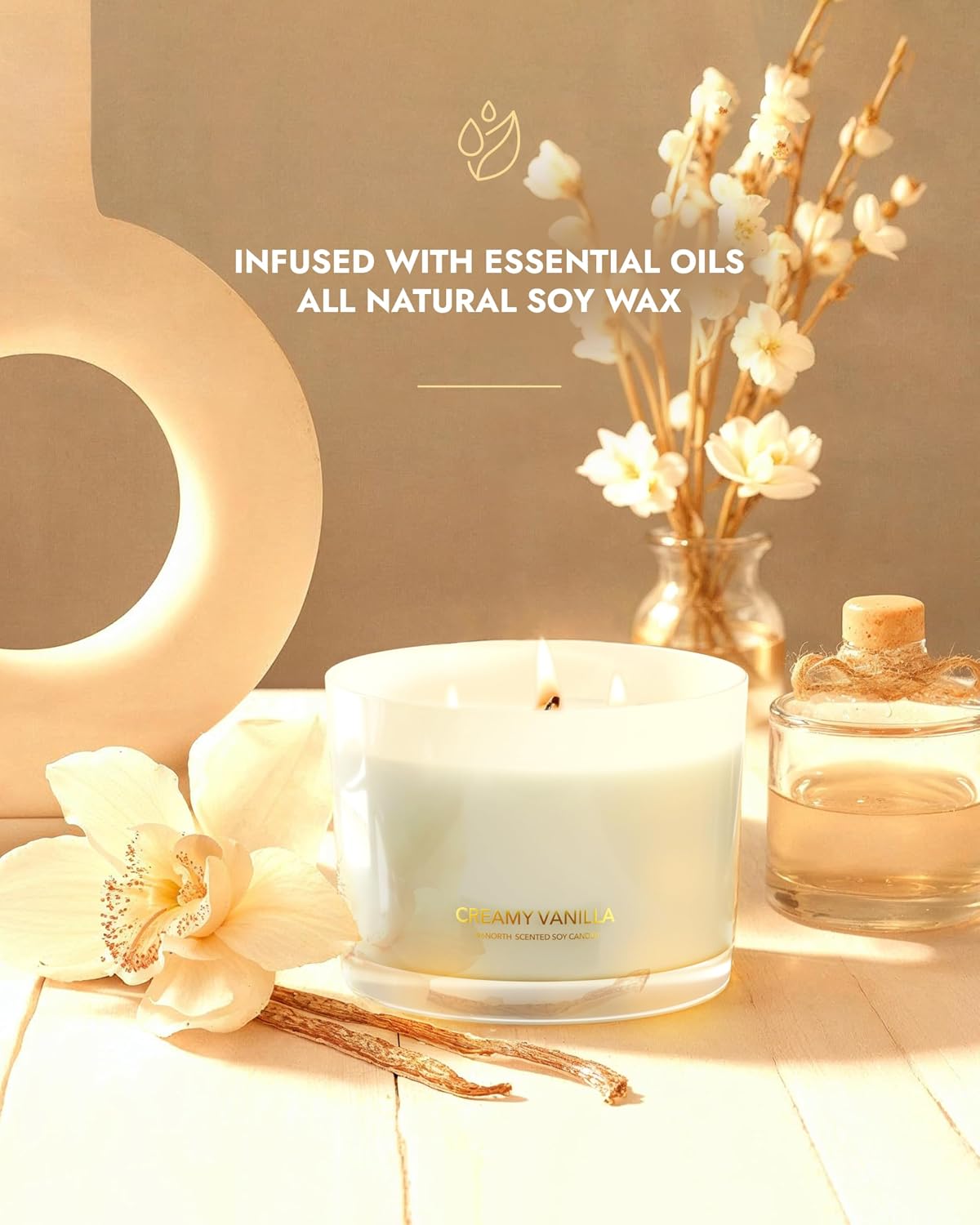 96NORTH Luxury Vanilla Soy Candles | Large 3 Wick Jar Candle | Up to 50 Hours Burning Time | 100% Natural Soy Wax | Relaxing Aromatherapy Aesthetic Candle | Housewarming Gift for Men and Women
