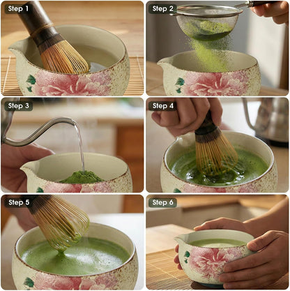 Matcha Whisk Set, 7-Piece Matcha Kit with Ceramic Bowl, Bamboo Whisk, Scoop, Sifter, Holder & Bamboo Mat – Premium Matcha Tea Set for Beginners & Matcha Lovers