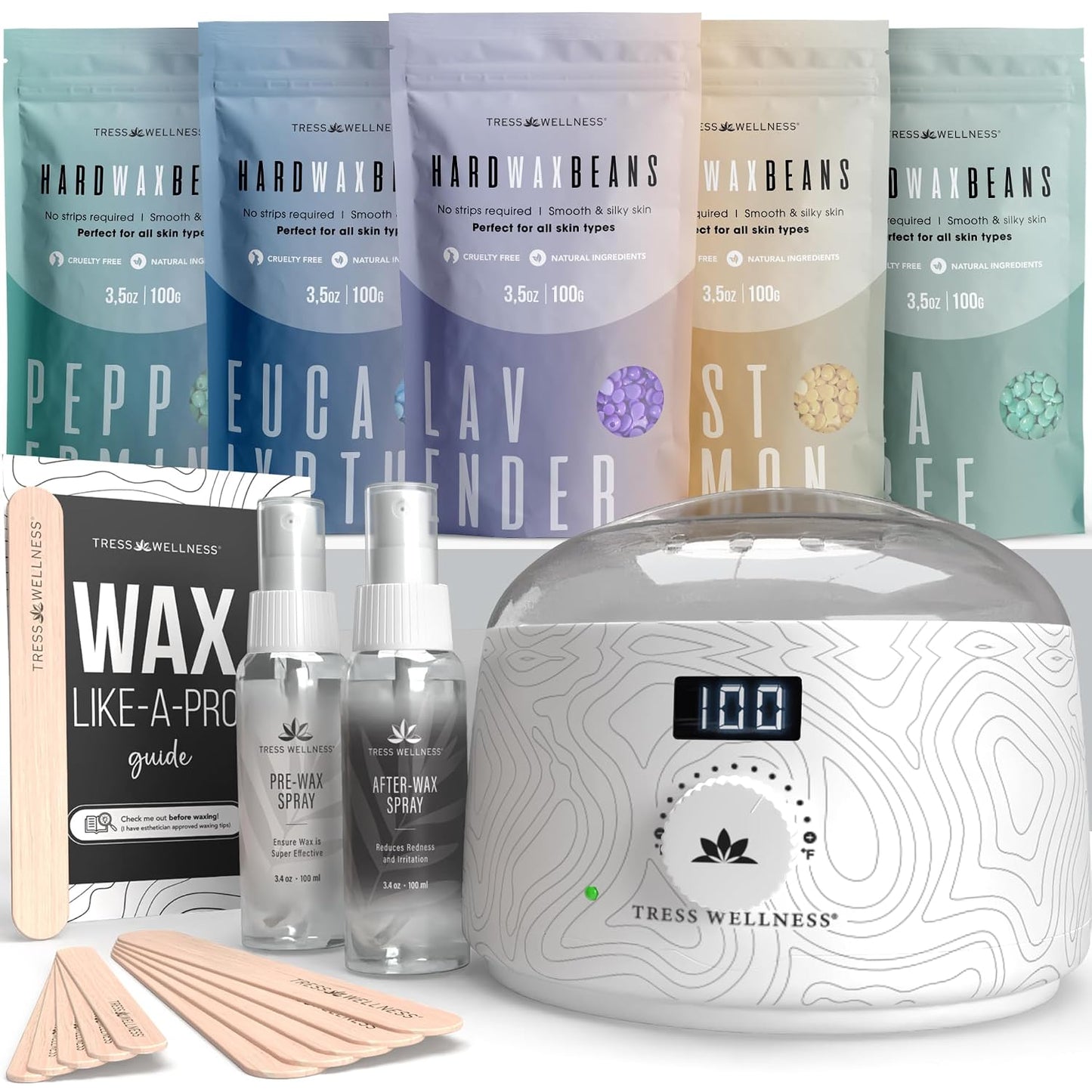 Tress Wellness Award Winning Waxing Kit for Sensitive Skin, Safe for Face & Skin, Easy to Use, At-Home Kit for Face, Bikini, Brazilian & Full Body - Digital Display, Black Purple Flower