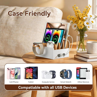 Pezin & Hulin Bamboo Charging Station with USB Charger,5Cables-Natural