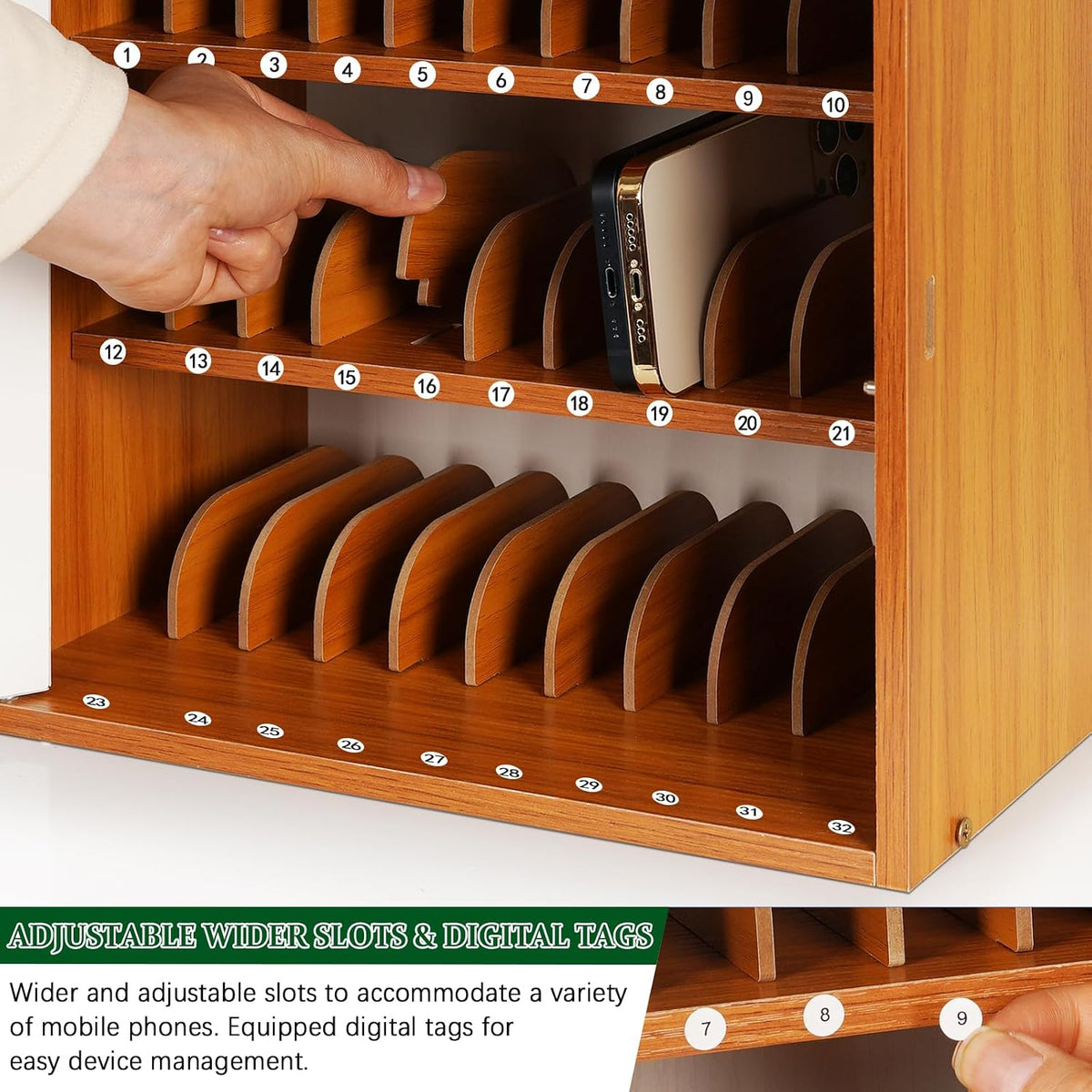 Wooden Phone Lock Box,Adjustable 33 Slots Cell Phone Holder Classroom