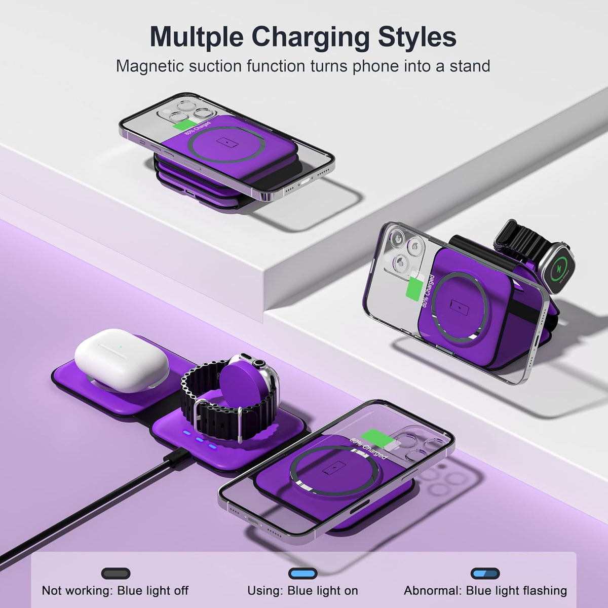 3 in 1 Charging Station for Multple Devices,Foldable 3 in 1 Wireless Charger for Travel,NANO Wireless Charging Station for iPhone17 16 15 14 13 12 Pro Max/Watch 10 9 8 7 6 5 4 3 Ultra/AirPod Pro