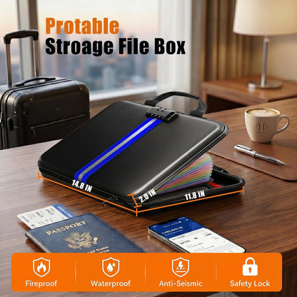 Fireproof Document Organizer with Lock, Semi-Rigid EVA Shell File Box with 13-Pocket Accordion Folder, Water-Resistant Storage for Important Documents, Passports & Certificates