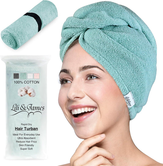 Lili&James 100% Cotton Hair Towel Wrap for Women & Kids – 420 GSM Quick Dry Hair Turban with Double Button Loop, Anti Frizz Non Microfiber Hair Drying Towel for Curly, Long & Thick Hair (Lilac)