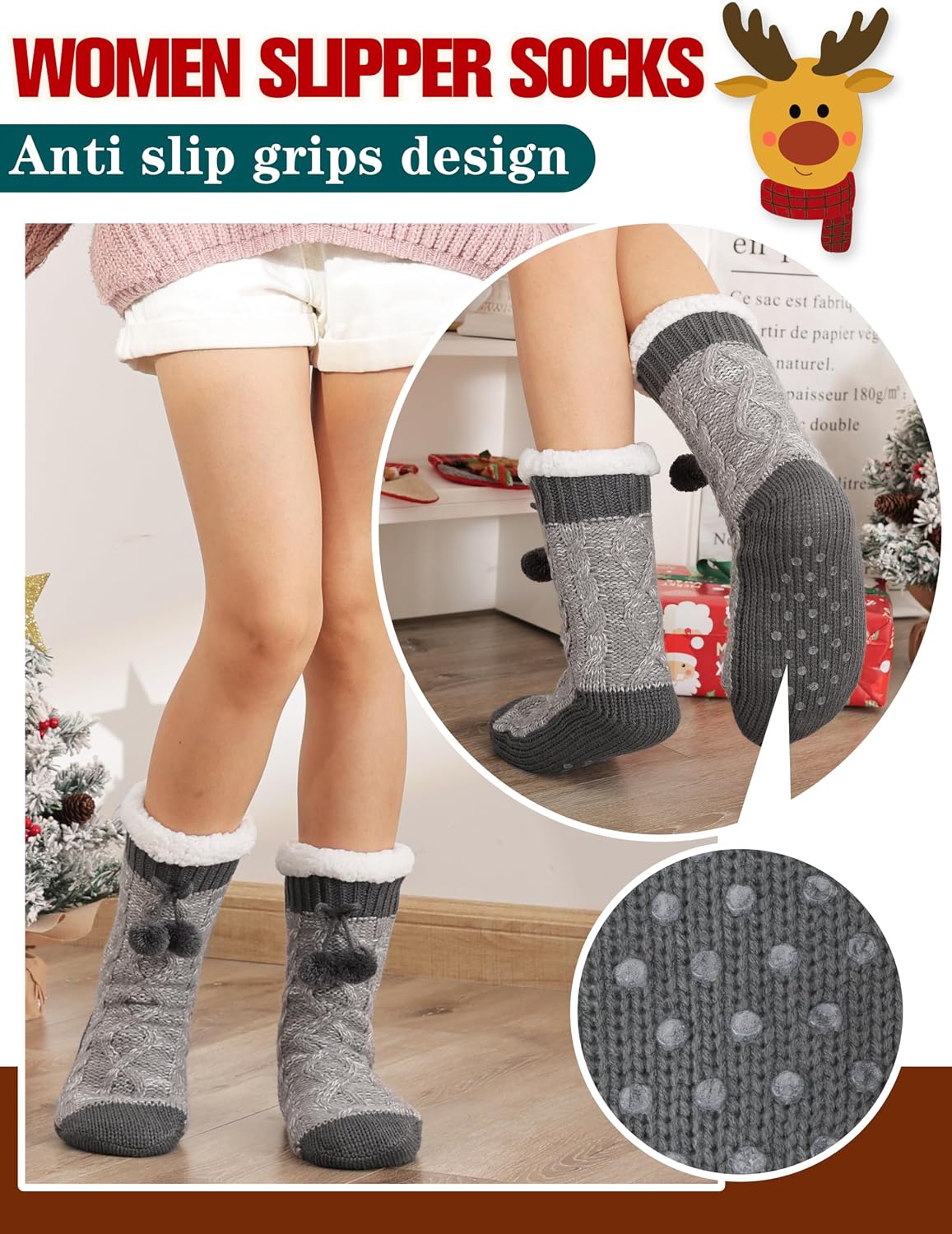 Welwoos Womens Slipper Fuzzy Grips Socks Fluffy Winter Warm Thick Thermal Cozy Plush Non Slip Cabin Soft Fleece Socks
