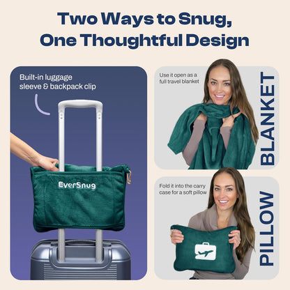 EverSnug Travel Blanket and Pillow - Premium Soft 2 in 1 Airplane Blanket with Soft Bag Pillowcase, Hand Luggage Sleeve and Backpack Clip (Grey)