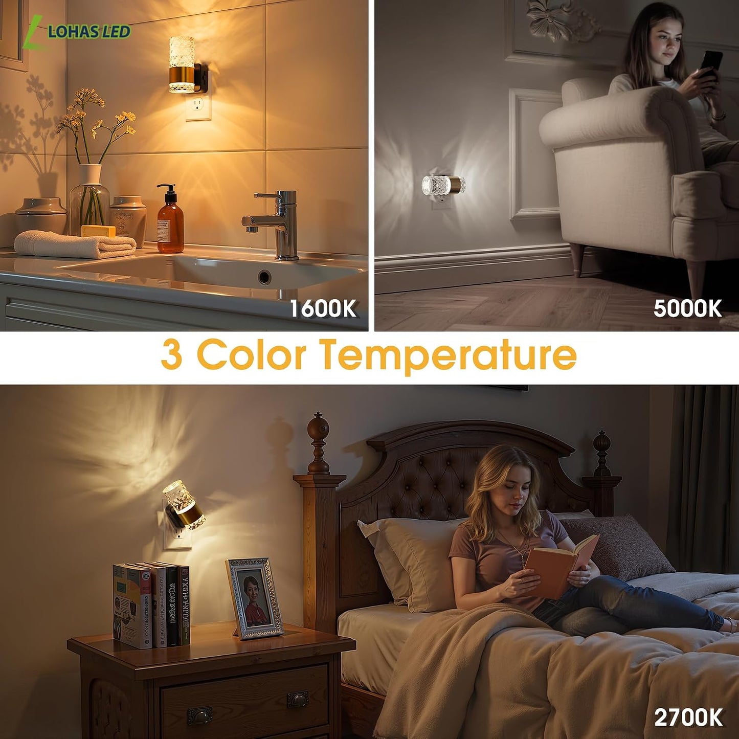 L LOHAS LED Night Lights Plug into wall, Amber Night Light with Adjustable Brightness, Plug in NightLight with Auto Light Sensor, Wall Sconce-Style Design Night Light for Bathroom,Hallway, 2 Pack