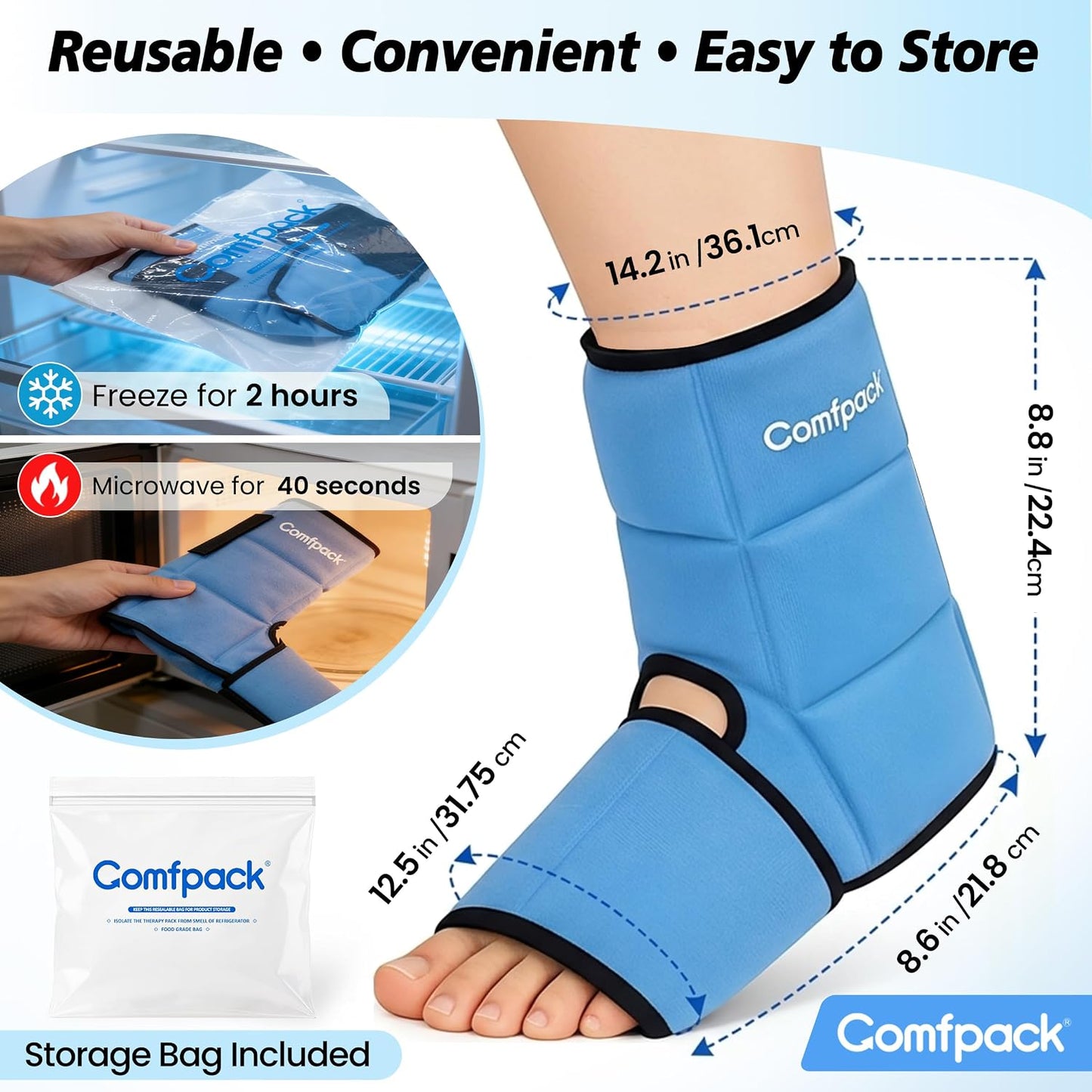 Comfpack Ankle Foot Ice Pack Wrap for Sprained Ankle/Surgery Recovery, 30% More Gel Cold Compression Therapy with Sectional Design for Plantar Fasciitis, Swelling, Achilles Tendonitis, FSA Eligible
