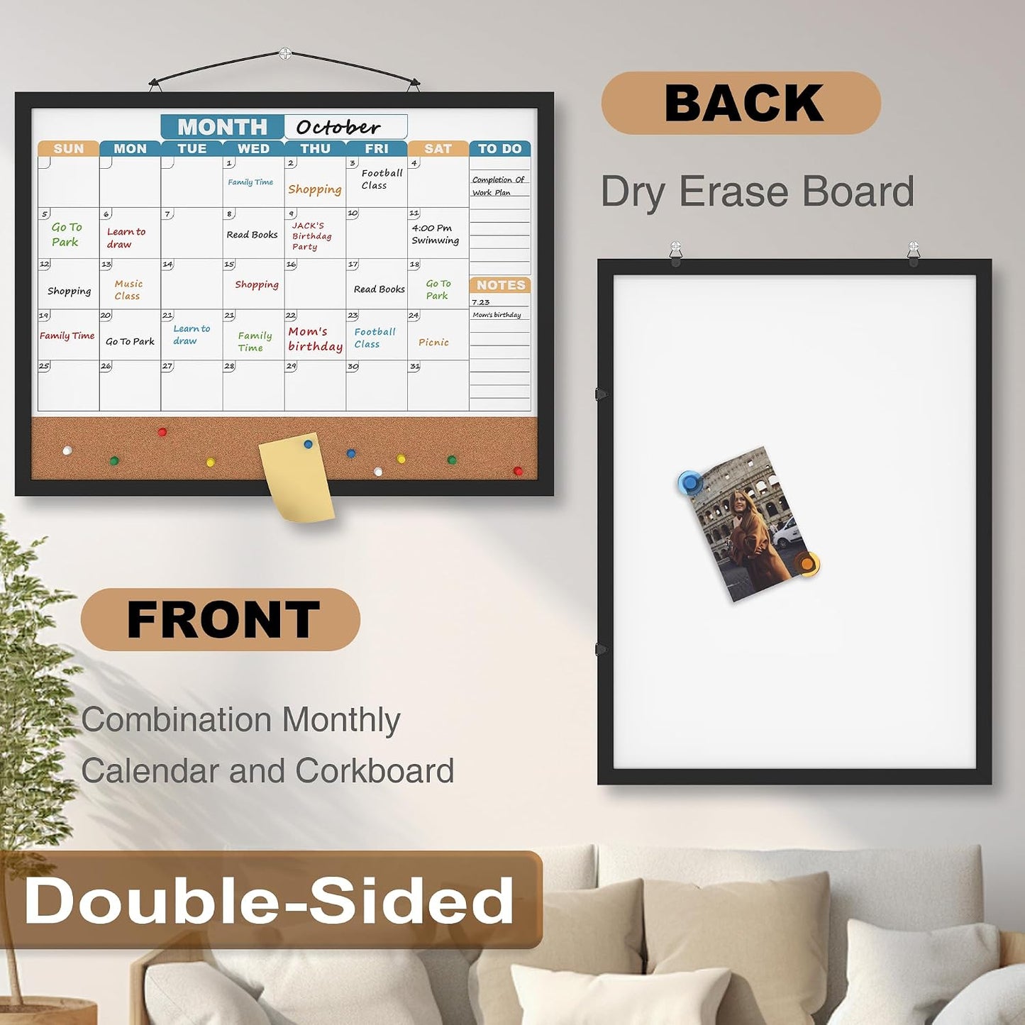 Monthly Calendar Dry Erase Board 16x12 Inch, Double-Sided Whiteboard and Corkboard Combo, Wall Mounted Planner Organizer with Markers, Magnets, Push Pins, Eraser, for Home Office School