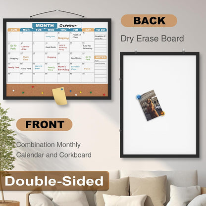 Monthly Calendar Dry Erase Board 16x12 Inch, Double-Sided Whiteboard and Corkboard Combo, Wall Mounted Planner Organizer with Markers, Magnets, Push Pins, Eraser, for Home Office School