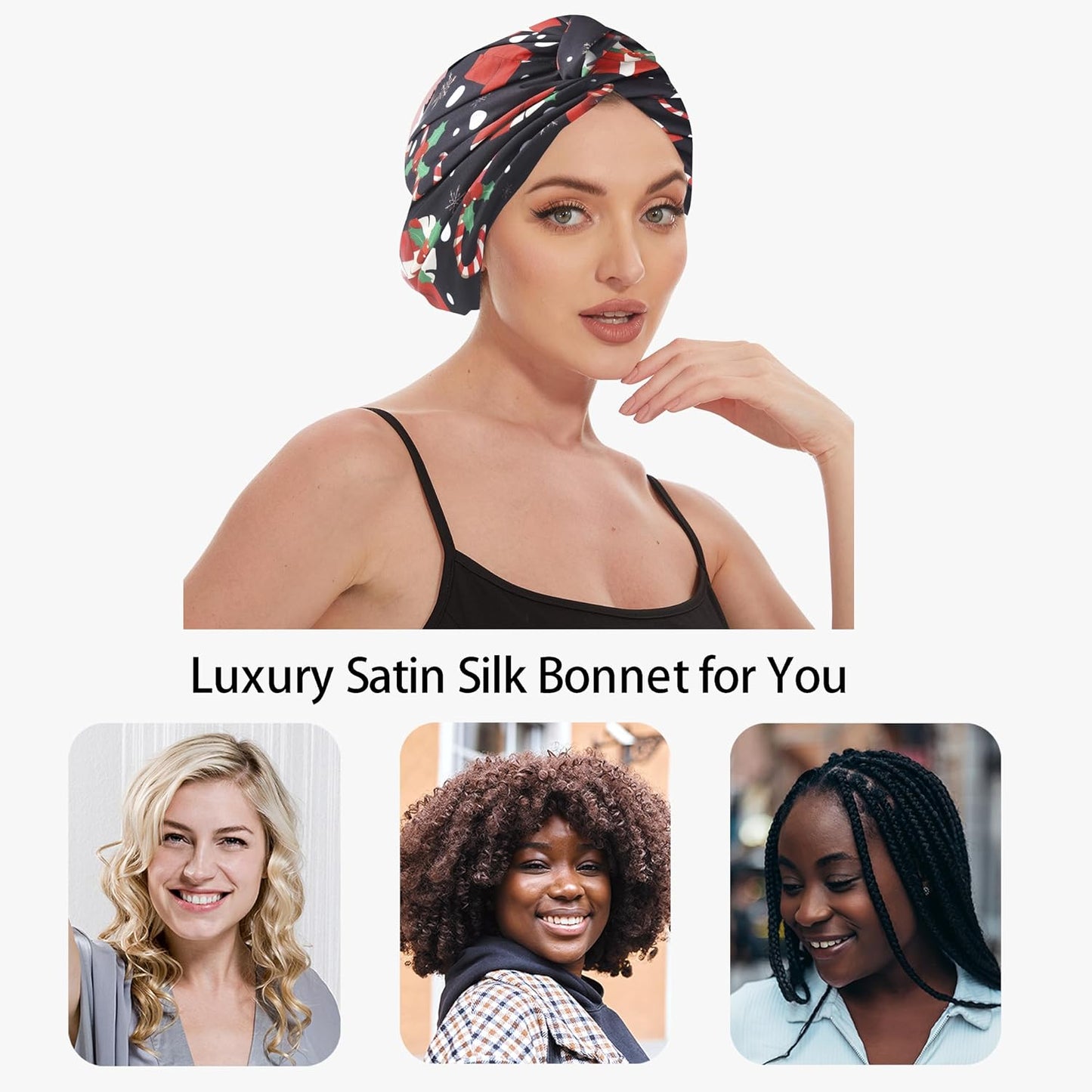 Adjustable Silk Satin Bonnet for Sleeping Hair Wrap, Double Layer Sleep Cap, Night Turban for Large Long Curly Braid Women Men Hair - Matcha Green