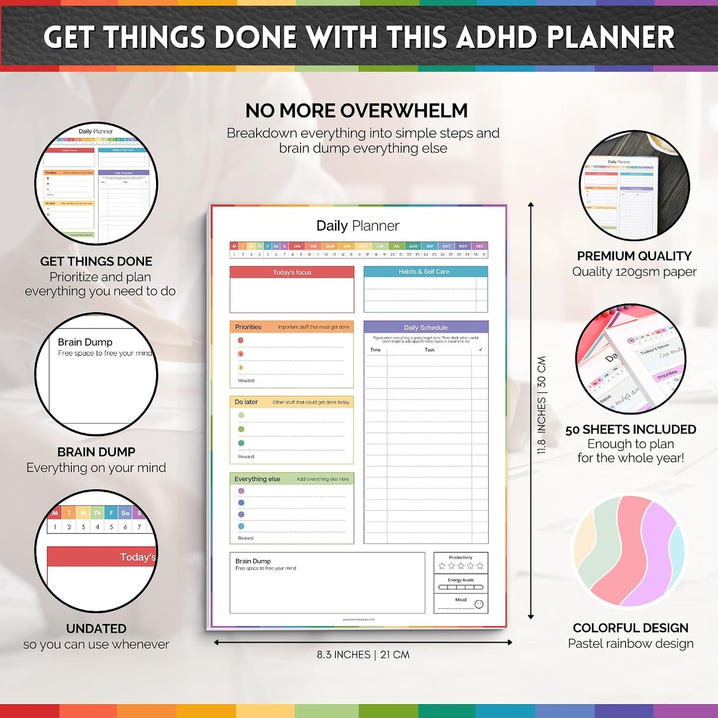 ADHD Daily Planner Notepad for Neurodivergent Adults - Productivity Daily Planner Desk Pad & Task Management to Stay Organized and Focused Note Pad (Rainbow, A4 Portrait)