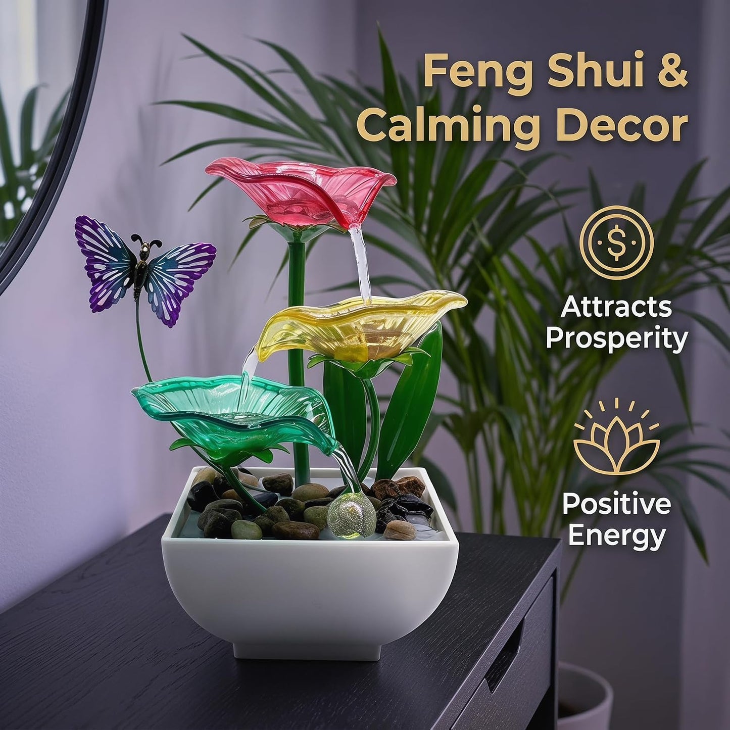 Tabletop Fountain,Indoor Water Fountain,Home Fengshui Décor Zen Relaxation Soothing Sound Machine for Office,Living Room,or Bedroom,Green Lotus,Hummingbird & Pink Flower,9.1inch
