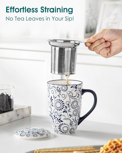 vancasso SELENE Porcelain Tea Mug, 18 oz Porcelain Tea Cup with Infuser and Lid Steeps Loose Leaf Tea, Microwave & Dishwasher Safe, Blossom Cluster