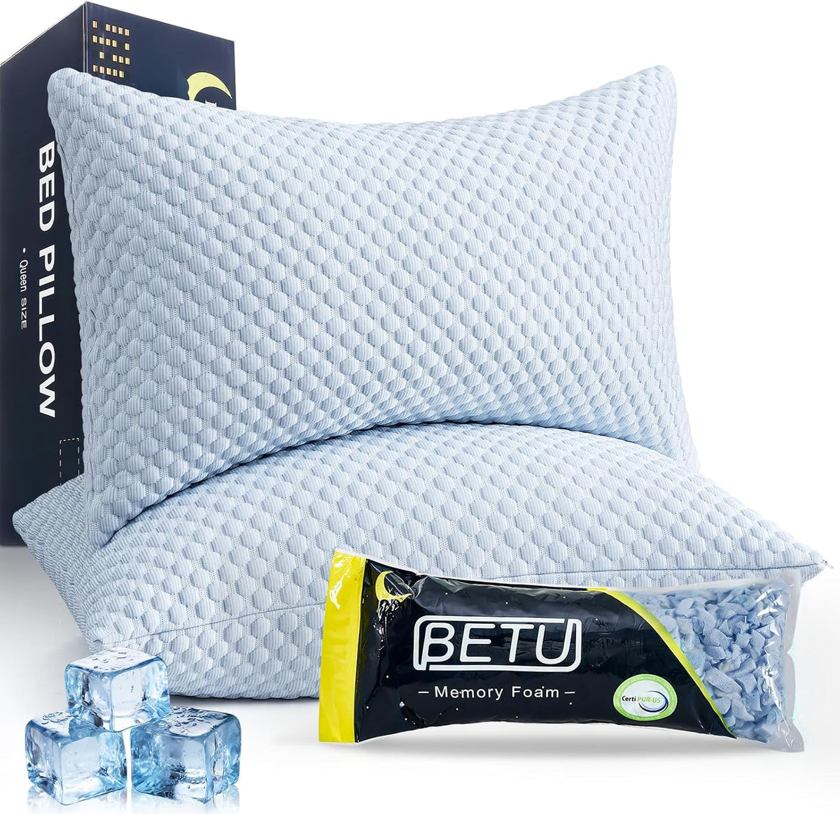 BETU Cooling Pillow Queen Size, Shredded Memory Foam Cool Pillow for Hot Sleepers, Adjustable Firm Soft Support Bed Pillows Perfect for Back Neck Pain and Side Sleeping with Pillow Case Cover, White