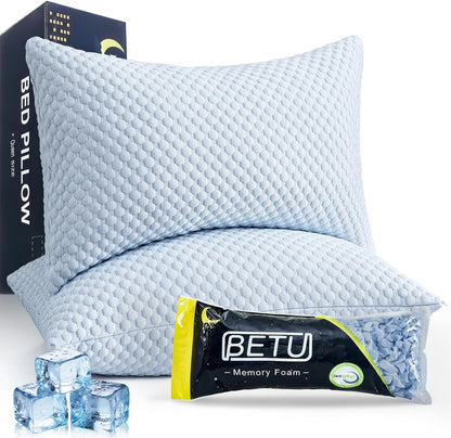 BETU Cooling Pillow Queen Size, Shredded Memory Foam Cool Pillow for Hot Sleepers, Adjustable Firm Soft Support Bed Pillows Perfect for Back Neck Pain and Side Sleeping with Pillow Case Cover, White