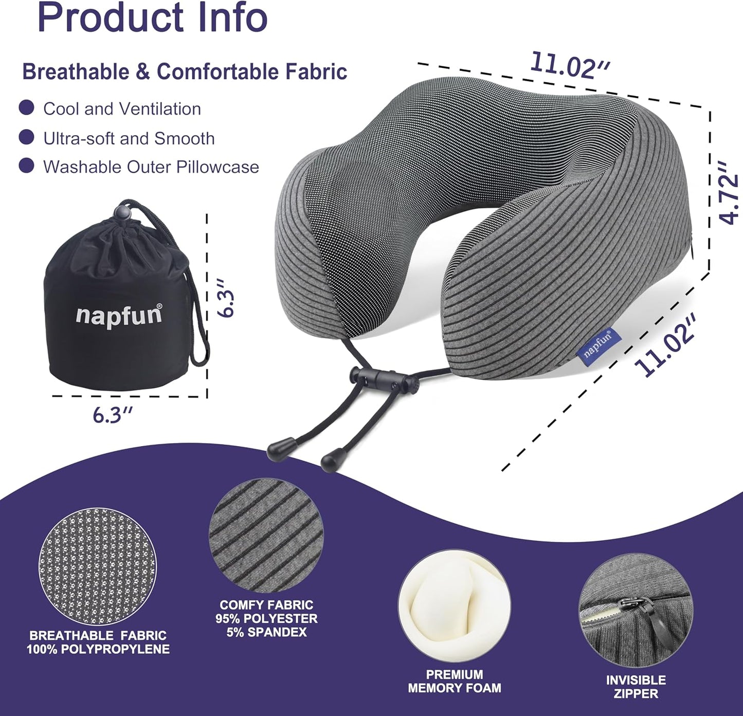 napfun Neck Pillow for Traveling, Upgraded Travel Neck Pillow for Airplane 100% Pure Memory Foam Travel Pillow for Flight Headrest Sleep, Portable Plane Accessories, Light Grey