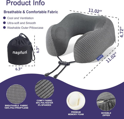 napfun Neck Pillow for Traveling, Upgraded Travel Neck Pillow for Airplane 100% Pure Memory Foam Travel Pillow for Flight Headrest Sleep, Portable Plane Accessories, Light Grey
