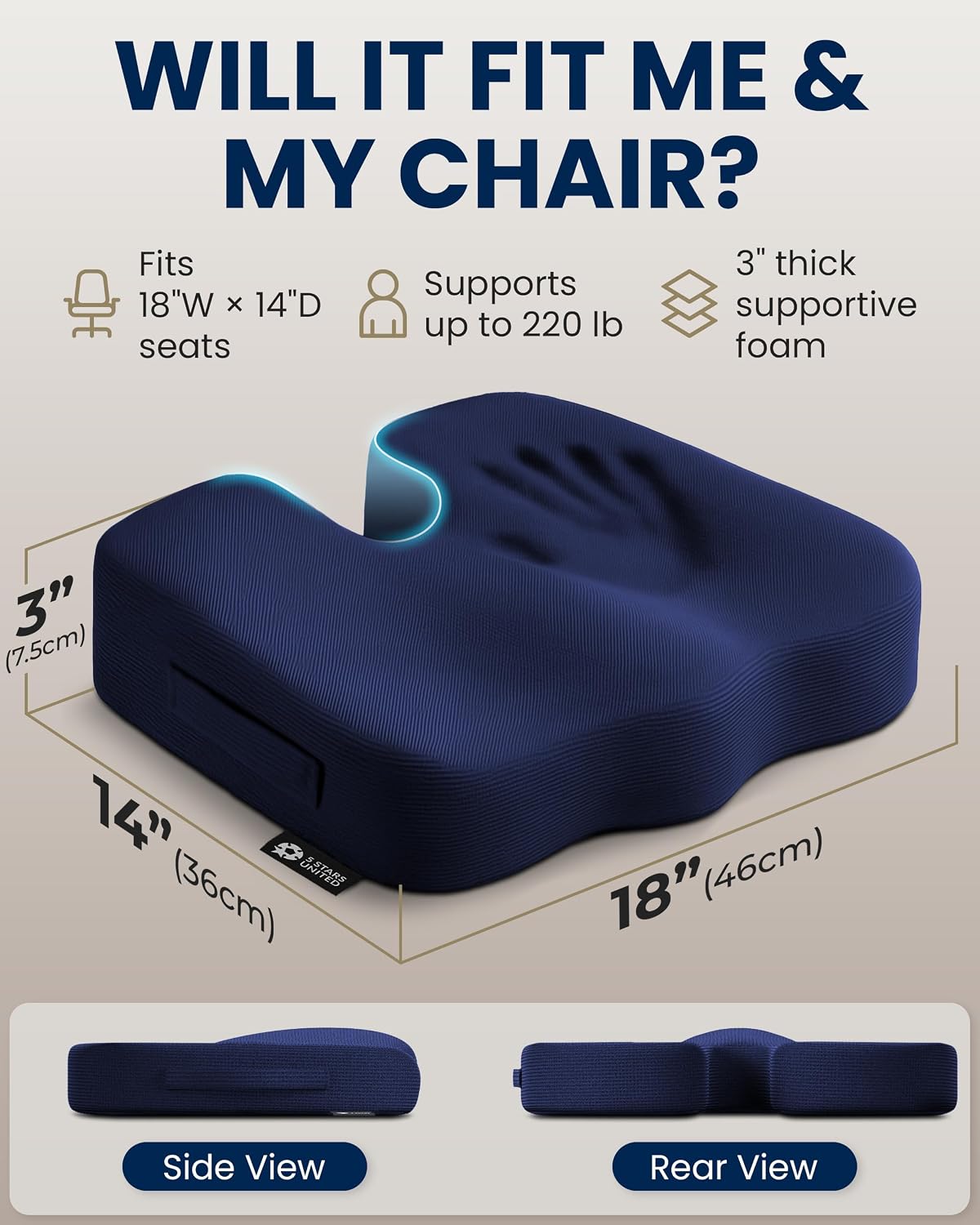 5 STARS UNITED Seat Cushion - Memory Foam Chair Cushion for Tailbone Pain Relief - Ergonomic Support for Coccyx, Sciatica & Butt - Office, Desk & Gaming Chair, Car Seat, Wheelchair, Black Suede