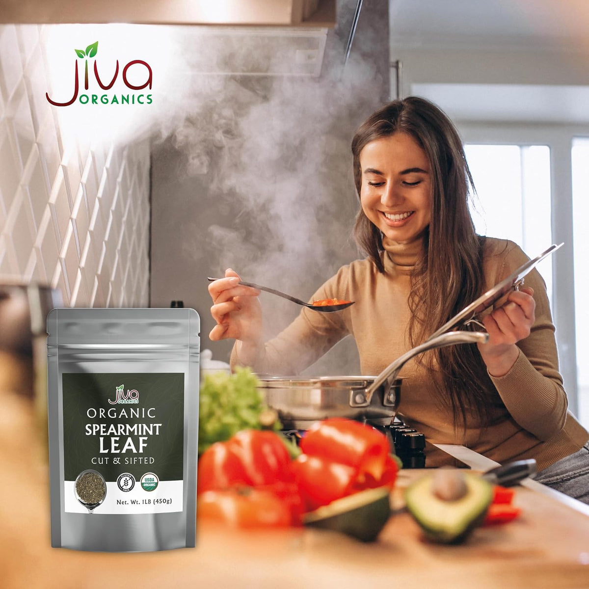 Jiva Organics Spearmint Leaf (Cut & Sifted) 1 Pound | Fresh Aroma, Premium Quality, Non-Irradiated Herbal Mint Leaves