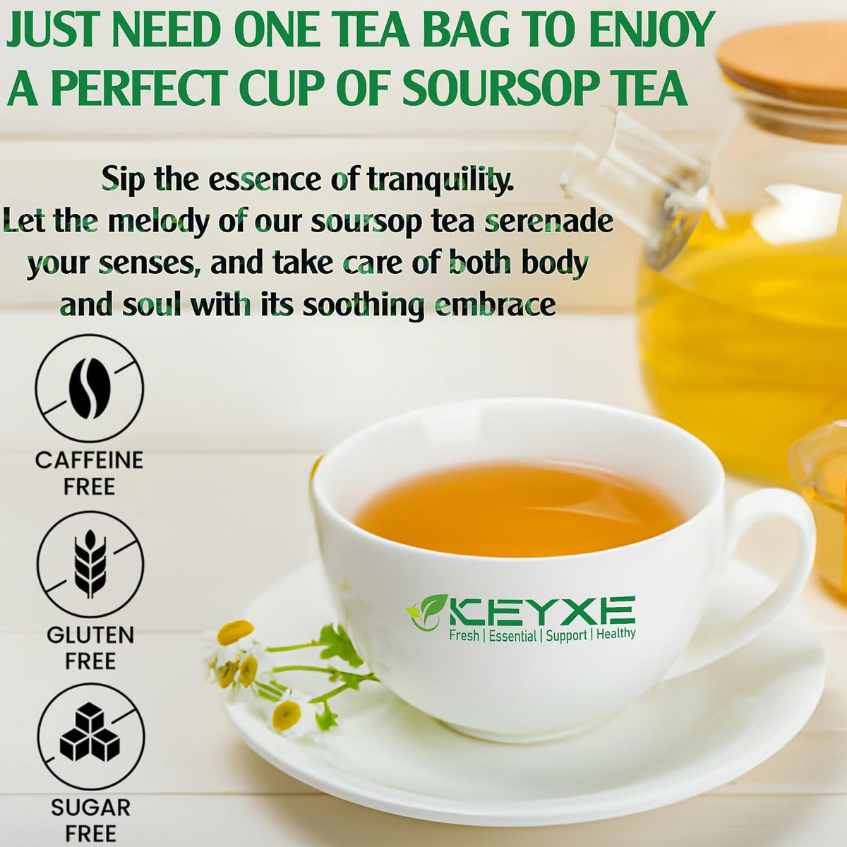 KEYXE - USDA Organic Soursop Graviola Leaves Tea 50 Bags. Non-GMO Verified , 100% Organic Soursop Leaves for Digestion, Boosting Immune, Improving Sleep & Skin Health, Gluten Free, Caffein Free , Hojas De Guanabana Tea Organica, Eco-Conscious Tea Bags