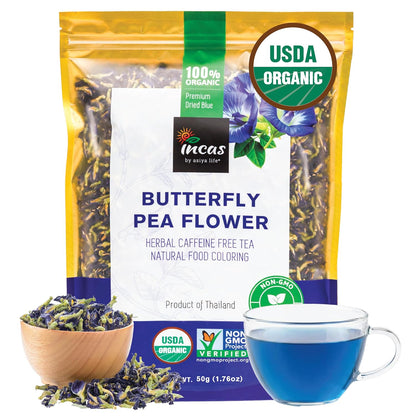 INCAS 100% USDA Organic Butterfly Pea Flower 1.76 oz (150+ Cups) DIRECT FROM SOURCE Thailand Non GMO Verified Dried Caffeine Free Gluten Free Vegan Rich in Antioxidants Free eBook (50G)