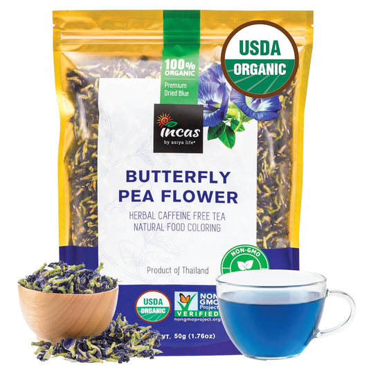 INCAS 100% USDA Organic Butterfly Pea Flower 1.76 oz (150+ Cups) DIRECT FROM SOURCE Thailand Non GMO Verified Dried Caffeine Free Gluten Free Vegan Rich in Antioxidants Free eBook (50G)