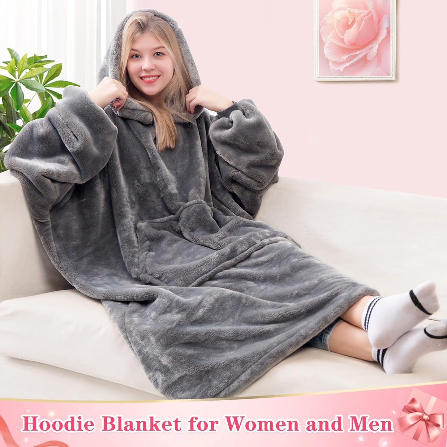 Waitu Wearable Blanket Sweatshirt Gifts for Women and Men, Warm and Cozy Giant Blanket Hoodie, Thick Flannel Blanket with Sleeves and Giant Pocket - Dark Gray