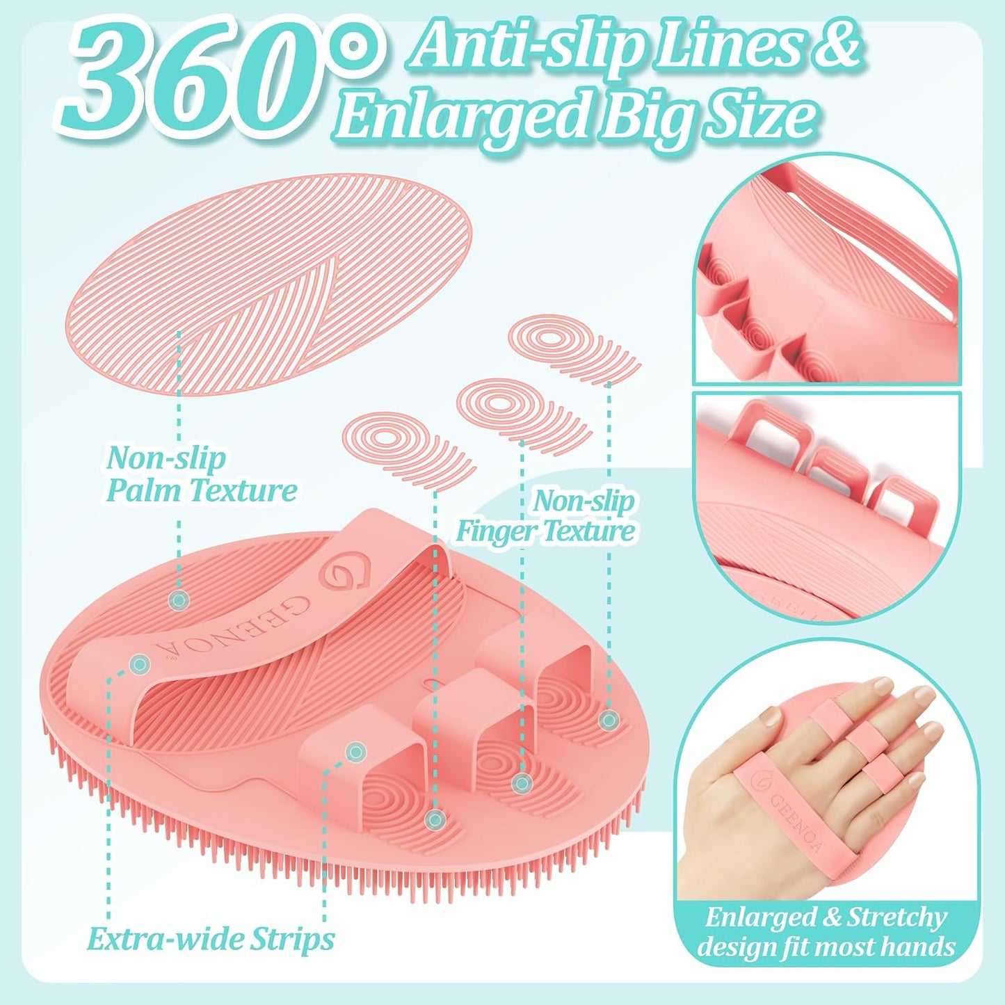 Silicone Back Scrubber & Bath Glove Set 2PCS, 13.4'' Gentle Shower Back Scrubber with Dual-Side Head Non-Slip Handle, 360° Anti-Slip Hand-fit Bath Glove for Rich Foaming Deep Cleaning(Black)
