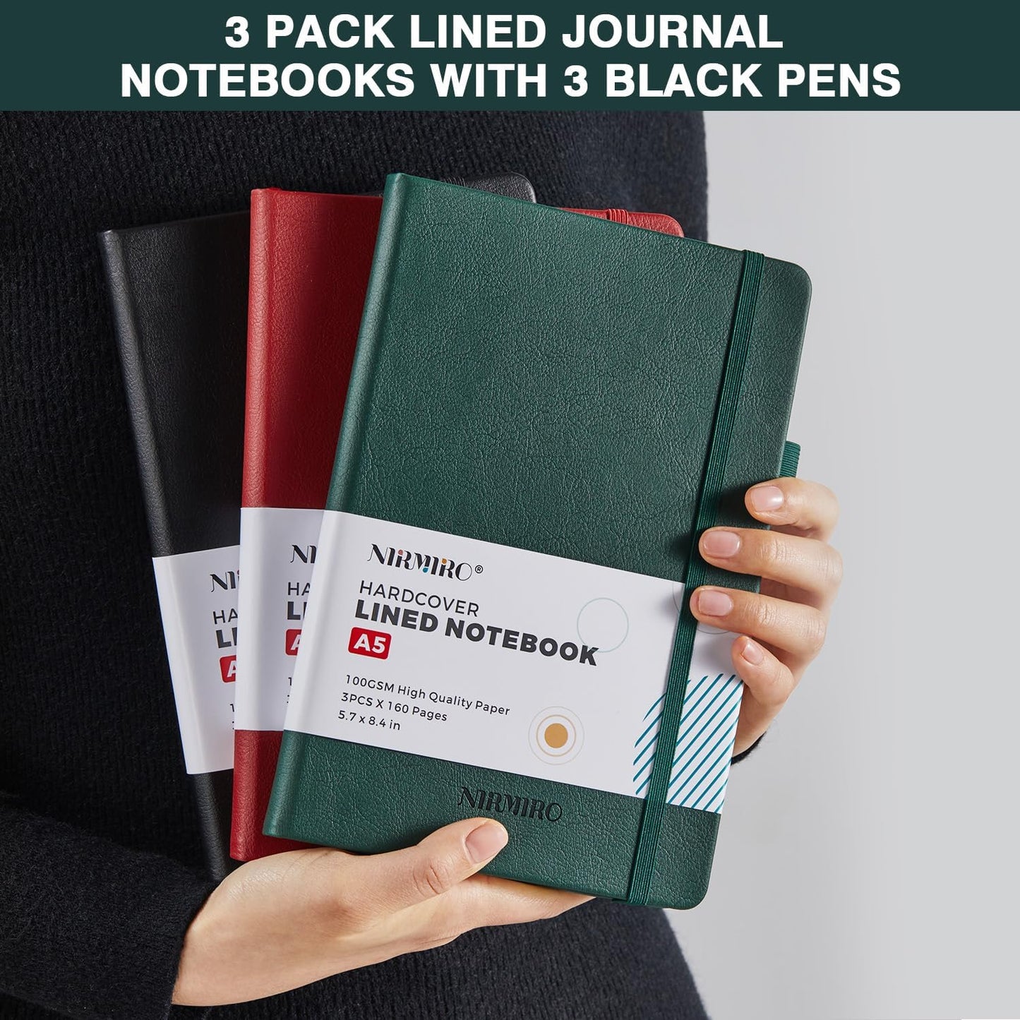 NIRMIRO (3 Pack) Pocket Notebook Small Journal with Pen, 3.7" x 5.7", A6 Mini Notebook for Women Men Work Writing, Hardcover Small Pocket Notepad with 100Gsm Premium Thick Lined Paper, Black Leather