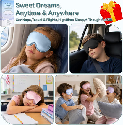 Kids Sleep Mask, Soft Eye Mask for Boys Girls with Adjustable Strap, Silk Light Blocking Sleeping Mask for Naps, Travel and Night Sleep, Includes Laundry Bag (Black)