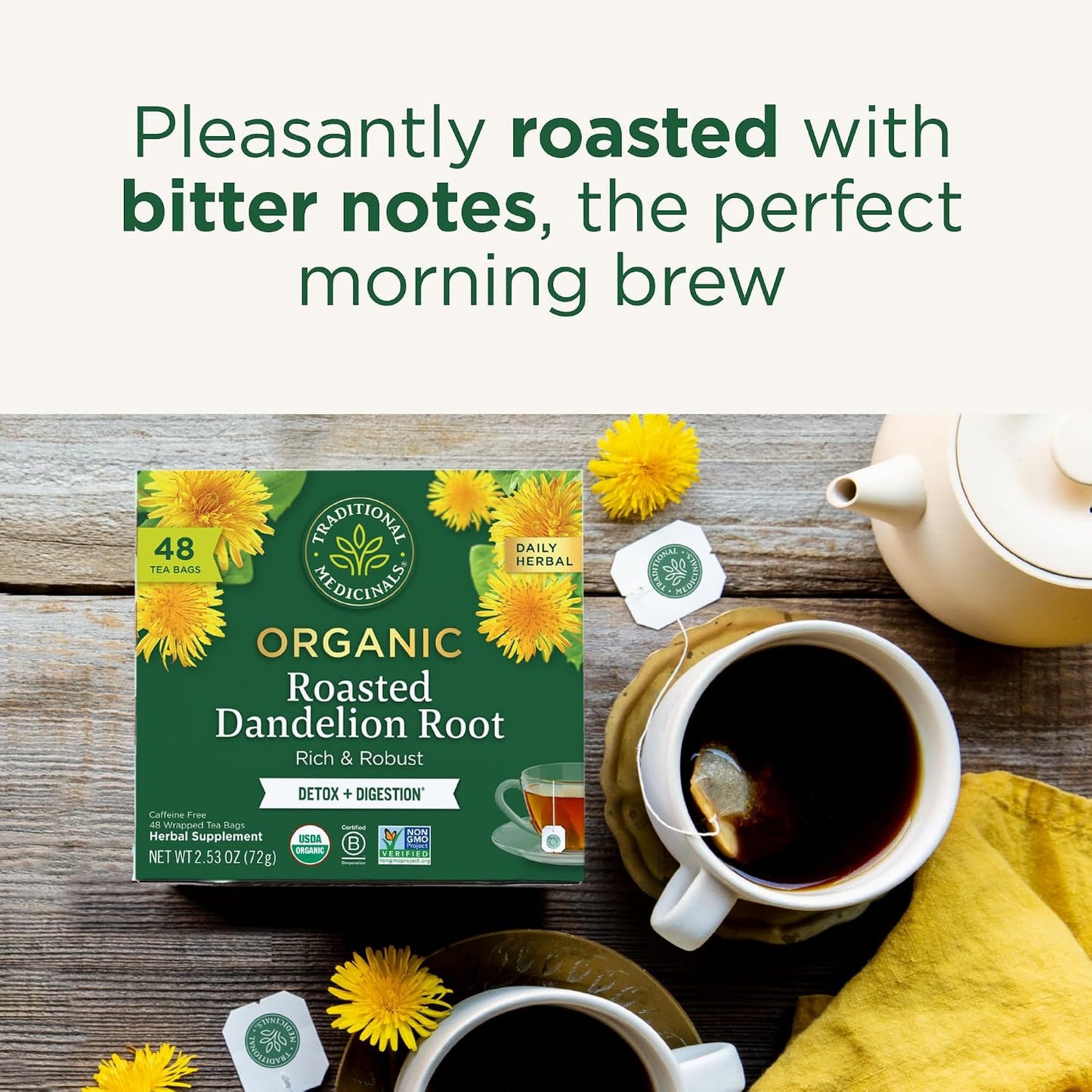Traditional Medicinals Organic, Roasted, Dandelion Root Tea - Supports Normal Detox + Digestion - Kosher, Non-GMO, Caffeine-Free, Compostable - 16 Tea Bags, (Pack of 2)