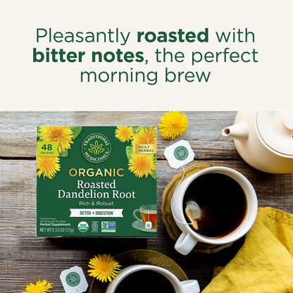 Traditional Medicinals Organic, Roasted, Dandelion Root Tea - Supports Normal Detox + Digestion - Kosher, Non-GMO, Caffeine-Free, Compostable - 16 Tea Bags, (Pack of 2)