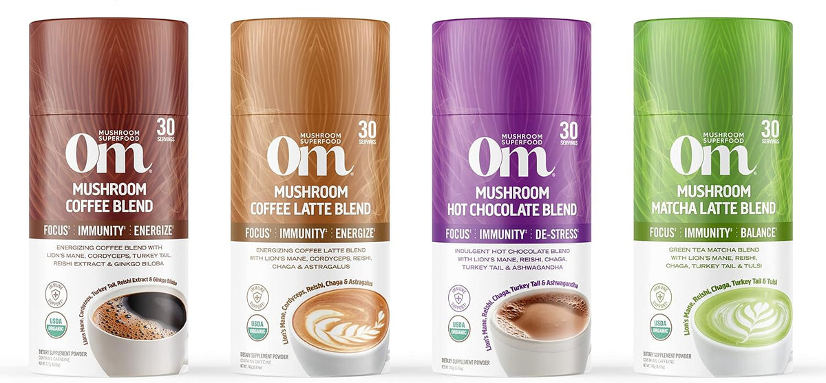 OM MUSHROOM SUPERFOOD Matcha Latte Blend – Green Tea Mushroom Powder with Lion’s Mane, Reishi, Chaga & Turkey Tail – Focus, Calm & Stress Support – 8.47 oz Canister (30 Servings)