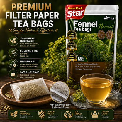 WOTIHA 90 Count Organic Premium Fennel Tea Bags - 100% Natural & Pure Herbal Tea, Supports Digestion & Reduces Bloating, Caffeine-Free, Sugar-Free, Gluten-Free, Vegan.Non-GMO