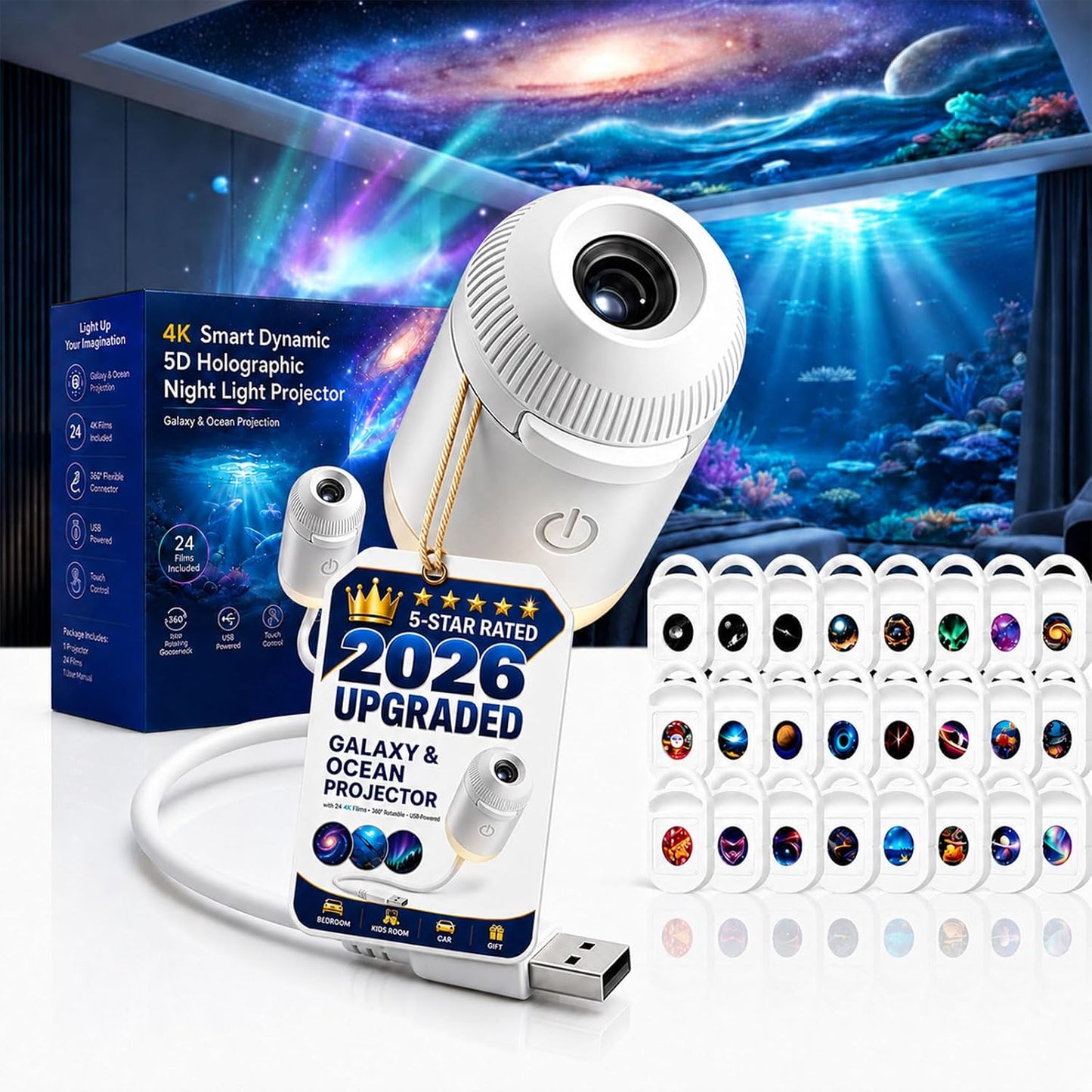 HD Smart Dynamic 5D Holographic Night Light Projector, Plug and Play 2-in-1 Galaxy Star and Ocean Projector with 24 Films, 360 Rotating USB Powered Ceiling Light for Bedroom Decor (With 3 Films)
