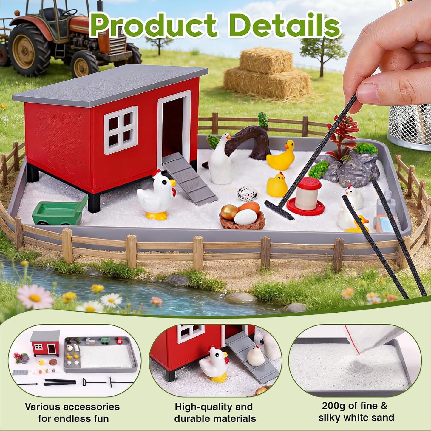 Chicken Zen Garden for Desk - 20Pcs Desk Zen Garden Kit with Coop, Sand, Hen Figurines & Rakes for Office Decor, Meditation and Stress Relief, White Elephant Gifts for Chicken Lovers