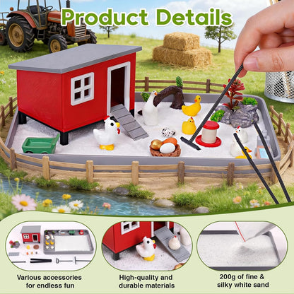 Chicken Zen Garden for Desk - 20Pcs Desk Zen Garden Kit with Coop, Sand, Hen Figurines & Rakes for Office Decor, Meditation and Stress Relief, White Elephant Gifts for Chicken Lovers