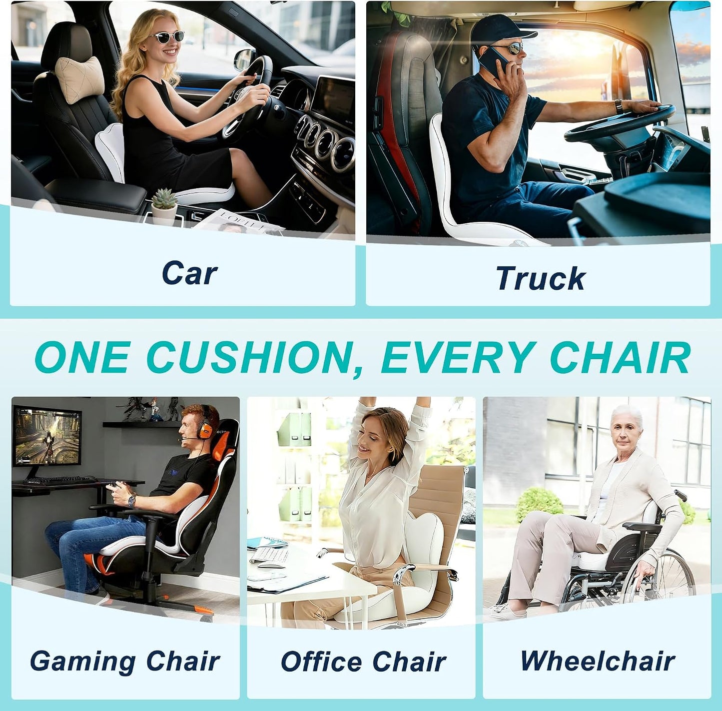 Seat Cushion for Office Chair and Car, Lumbar Support Pillow for Office Chair, Memory Foam Ergonomic Seat Cushion for Long Sitting, Back & Tailbone Pain, Sciatica - Dark Gray & Light Gray