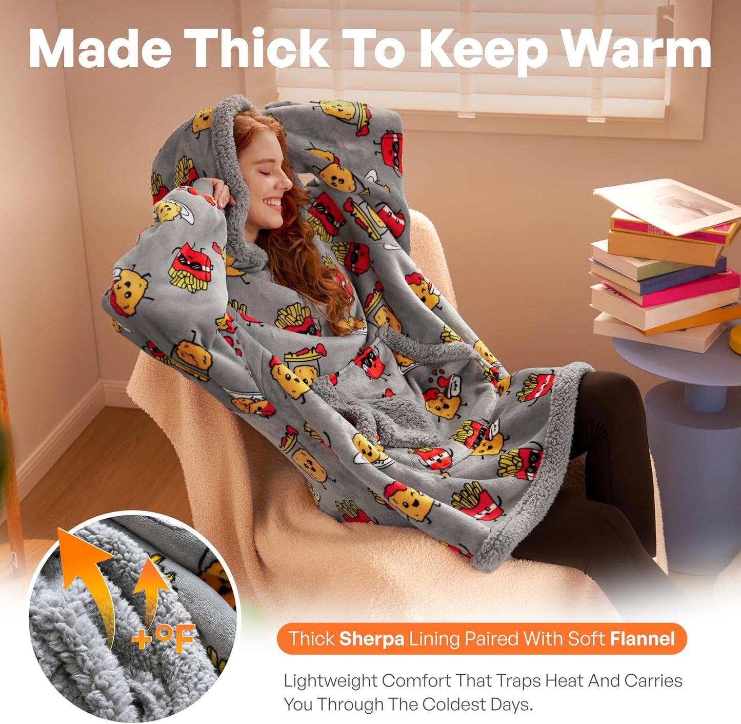 Giggling Getup Wearable Blanket Hoodie for Adults Gifts for Teen Girls Sister Women Sherpa Fleece Printed Hooded Blanket Sweatshirt Warm Cozy with Pocket & Sleeves Beige Cat