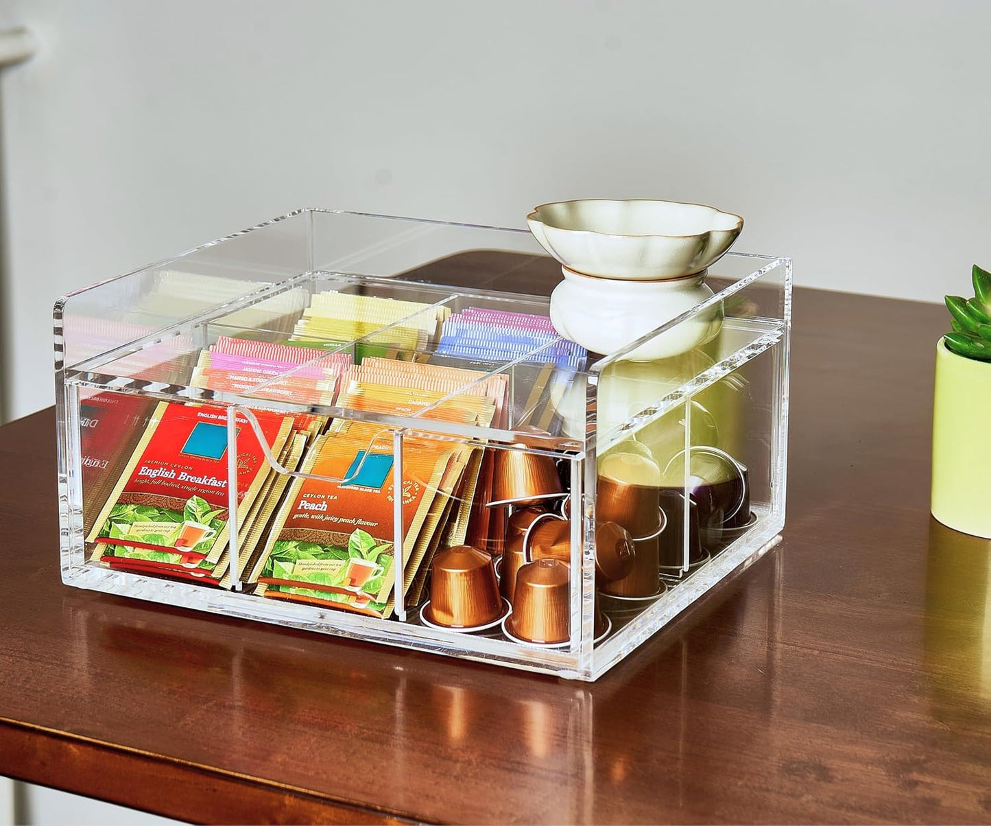 Heavy-Duty Acrylic Tea Bag Organizer, 8-Compartment Storage Box | Perfect Organizer: 8-compartment design keeps tea bags and coffee pods neatly sorted, saving space on your countertop.