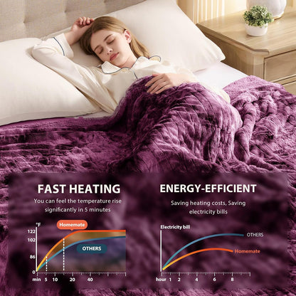 Homemate Heated Blanket Electric Throw - 50"x60" Heating Blanket Throw 1/2/4/6/8 Hours Auto-Off 10 Heat Levels Over-Heat Protection Luxury Faux Fur Sherpa ETL Certification