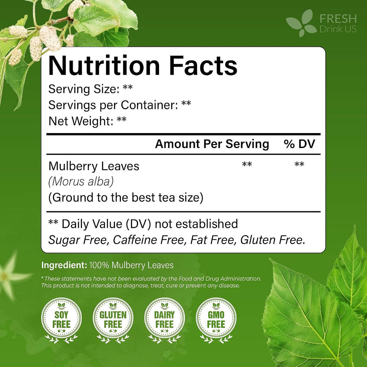 FreshDrinkUS, Premium Mulberry Leaf Tea, 75 Count, Pure, Caffeine Free