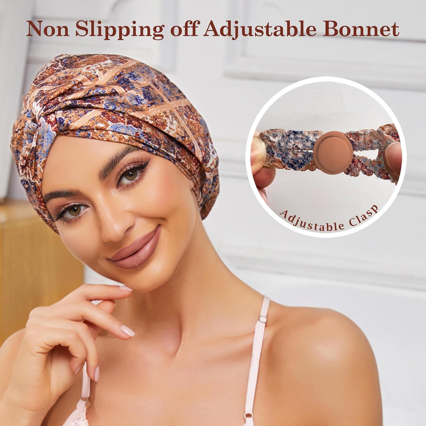 Adjustable Silk Satin Bonnet for Sleeping Hair Wrap, Double Layer Sleep Cap, Night Turban for Large Long Curly Braid Women Men Hair - Matcha Green