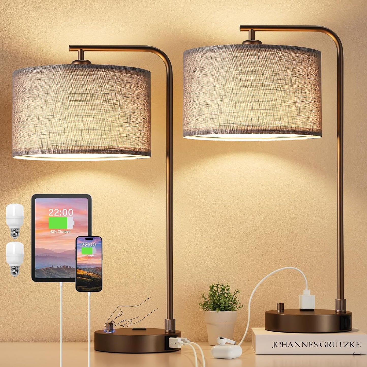 Innqoo Bedside Table Lamps for Bedroom Set of 2-Dimmable Nightstand Lamps with USB Port and Outlet,Modern Gold Lamps with Linen Shade,Tall Desk Lamps for Home Office Bedroom Living Room End Table